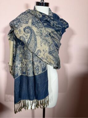 Pashmina navy blue Tan camel gold Bohemian Paisley Oversized Wrap Scarf